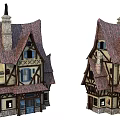 Charming Cartoon House With Pointed Tiled Roof Chimney Wooden Frame And Windows