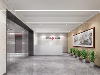 Modern Office Lobby Reception Desk With Company Logo On Wall Landscape Painting And Green Plants 3d model