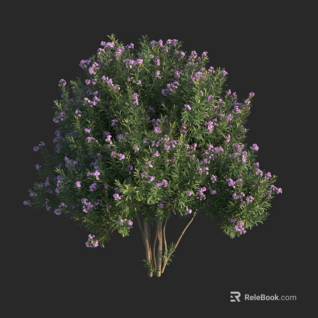 Lush Shrub With Green Leaves And Purple Flowers In Full Bloom 3d model 