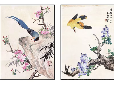 Vibrant Traditional Chinese Painting Artwork With Colorful Birds And Flowers On Branches 3d model
