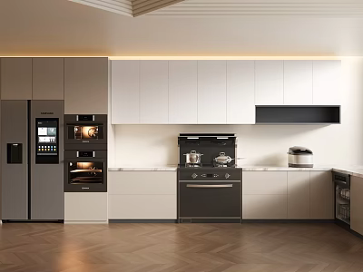 Modern Kitchen Interior With Gray White Cabinets Built In Ovens And Marble Countertops 3d model