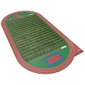 Soccer Field with Red Running Track Green Striped Grass Center Circle and Goal Areas
