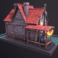 Cartoon Scene Featuring Charming House with Red Roof Stone Walls Wooden Structure Lanterns and Windows