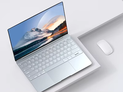 Modern Slim Laptop With Scenic Screen Display And White Mouse On Desk 3d model