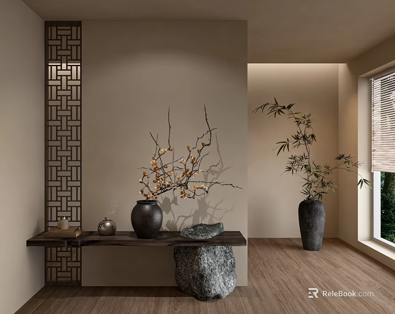 Chinese Style Decorative Console Table Featuring Lattice Panel Vase Plum Branches Stone Ornament and Bamboo Plant 3d model 