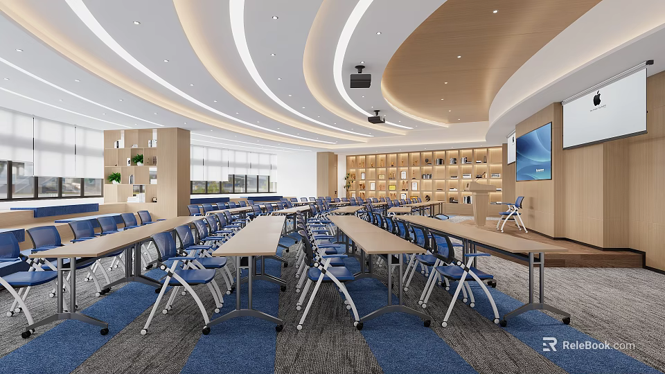 Modern Conference Room Interior Design With Blue Chairs Long Tables Projector Large Screen And Bookshelves 3d model 