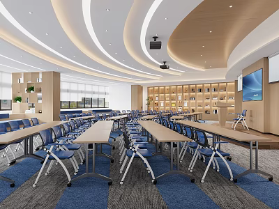Modern Conference Room Interior Design With Blue Chairs Long Tables Projector Large Screen And Bookshelves 3d model