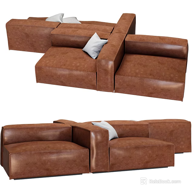 Modern Brown Leather Sectional Sofa With Modular Design And White Cushion 3d model