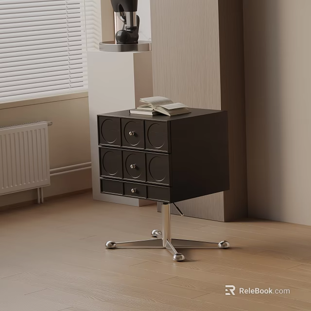 Black Bedside Table With Round Knob Drawers And Wheeled Metal Base 3d model 