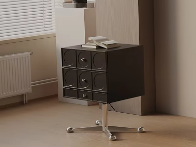 Black Bedside Table With Round Knob Drawers And Wheeled Metal Base 3d model