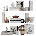 Decorative Ornament Set On Layered Shelves With Stacked Books Golden Bowl White Vases Marble Accents Lamp Picture Frame