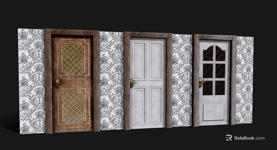 Variety Of Elegant Swing Doors Featuring Wooden Panels Glass Inserts And Patterned Wallpaper 3d model 