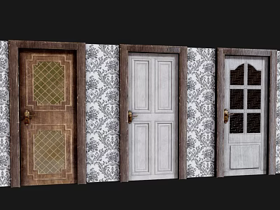 Variety Of Elegant Swing Doors Featuring Wooden Panels Glass Inserts And Patterned Wallpaper 3d model