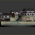Cartoon Scene of Japanese Houses with Cherry Blossom Trees River Boat and Red Torii Gate