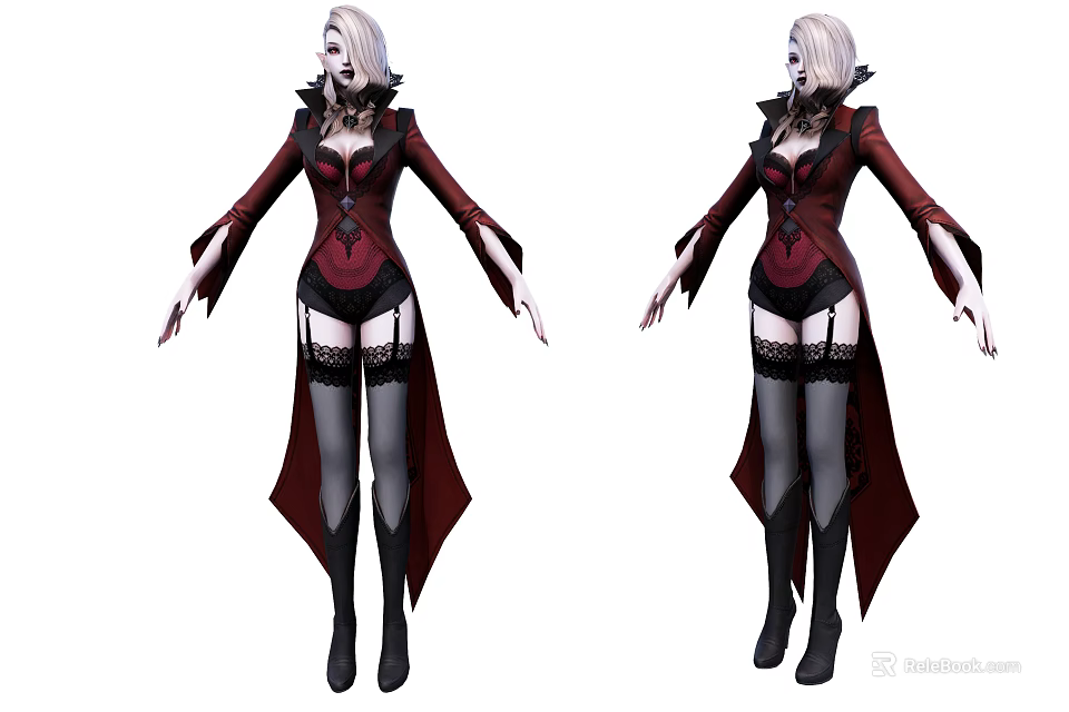 Game Movie Character With White Hair Red Black Gothic Outfit Long Coat And Boots 3d model 