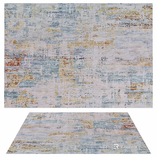 Modern Square Rug With Blue Yellow Beige Abstract Distressed Pattern Details 3d model