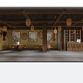 Traditional Chinese Restaurant Interior With Wooden Ceiling Bamboo Lanterns And Classic Furniture