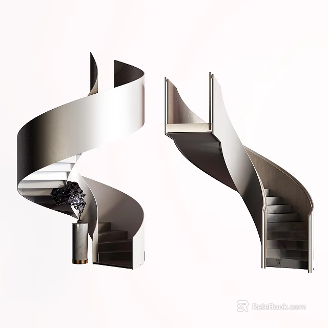 Modern Spiral Staircase Design With Curved Metal Structure And Wooden Steps 3d model 