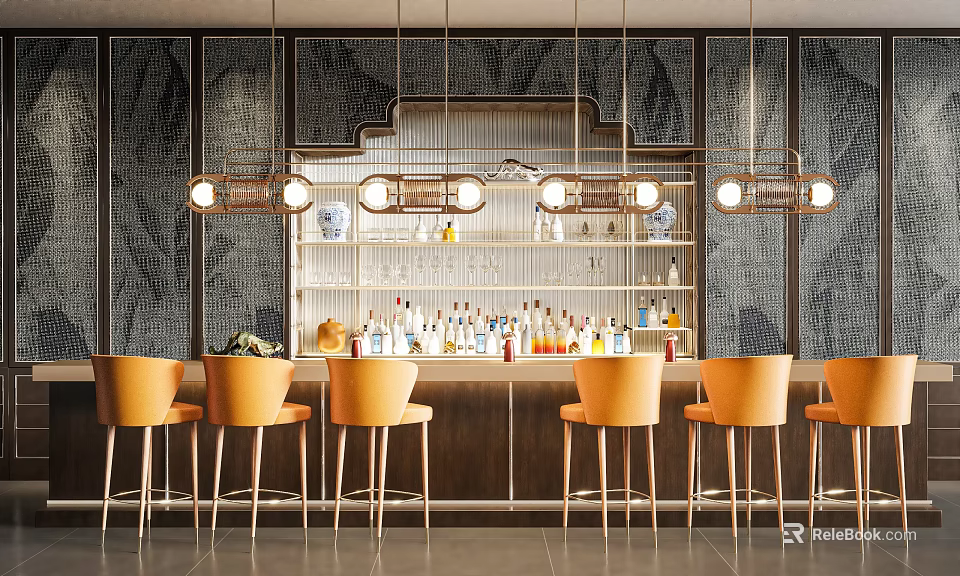 Stylish Modern Bar Counter with Patterned Backsplash Orange Stools Hanging Lights and Wine Bottles 3d model 