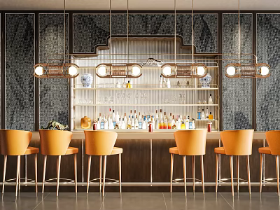 Stylish Modern Bar Counter with Patterned Backsplash Orange Stools Hanging Lights and Wine Bottles 3d model