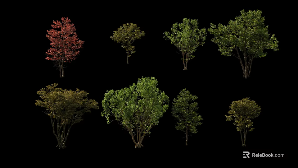 Various Arbor Trees With Green Red Foliage And Diverse Shapes For Landscaping 3d model 