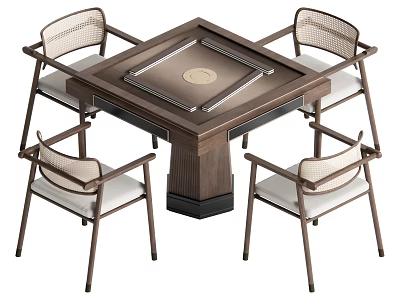 Square Wooden Mahjong Table With Four Woven Backrest Chairs And Cushioned Seats 3d model