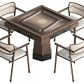 Square Wooden Mahjong Table With Four Woven Backrest Chairs And Cushioned Seats