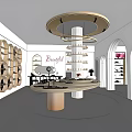 Luxury Modern Boutique Interior With Gold Chandelier Arched Doorways Round Display Table And Wine Racks
