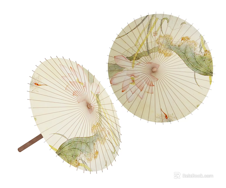 Chinese Traditional Oil Paper Umbrella With Lotus Leaves Fish And Brown Handle 3d model 