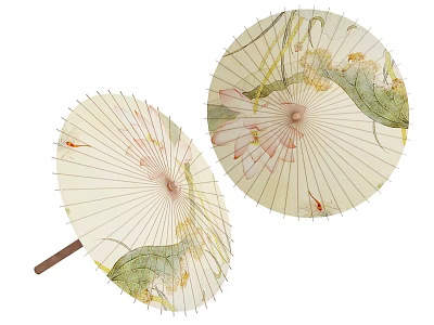 Chinese Traditional Oil Paper Umbrella With Lotus Leaves Fish And Brown Handle 3d model