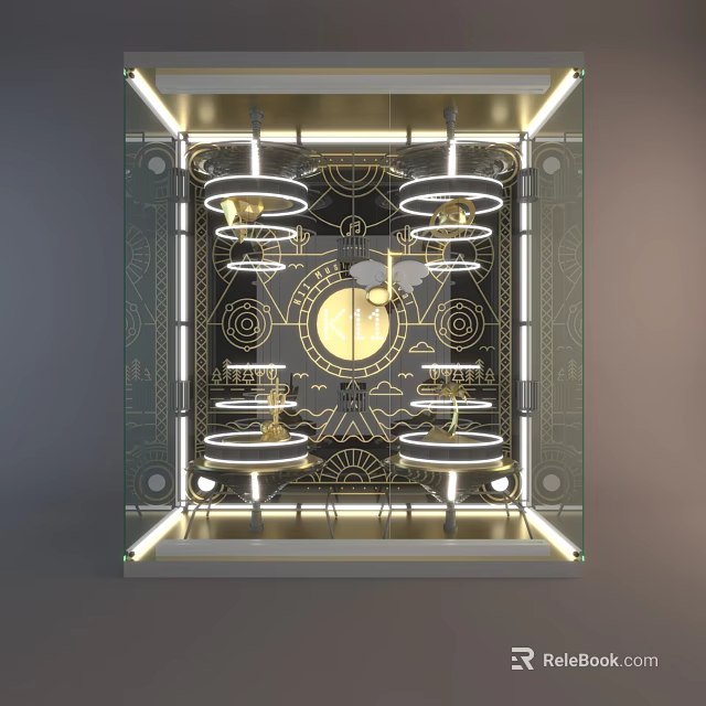 Elegant Window Display Merchandising With Golden Geometric Patterns And Circular Lighting 3d model 