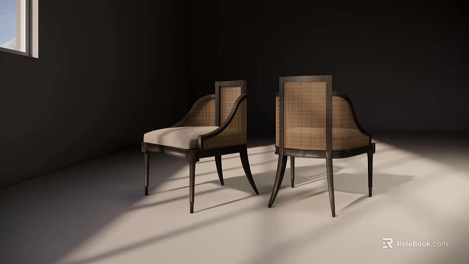 Elegant Modern Dining Chairs With Dark Wooden Frame Rattan Backrest And Light Colored Seat Cushion 3d model 