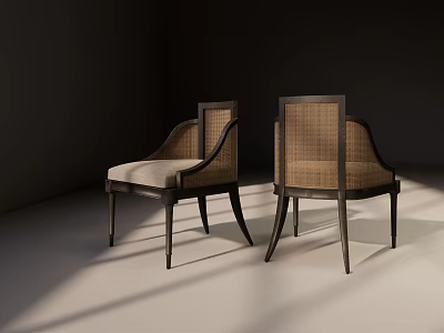 Elegant Modern Dining Chairs With Dark Wooden Frame Rattan Backrest And Light Colored Seat Cushion 3d model