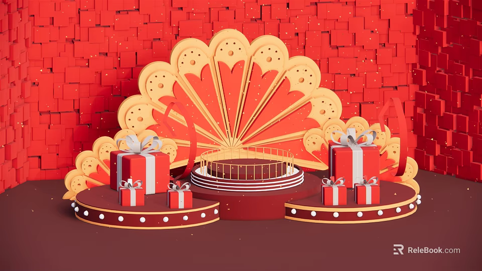 Festive Red Background Gift Display With Fan Shaped Decorations And Gift Boxes 3d model 