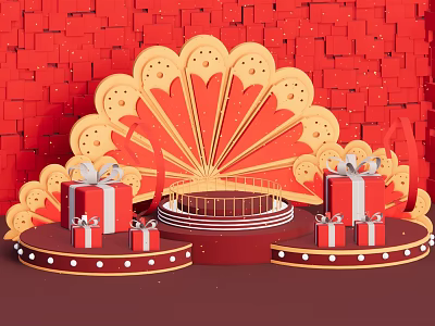 Festive Red Background Gift Display With Fan Shaped Decorations And Gift Boxes 3d model