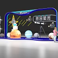 由于图片重点信息与【烟酒店】主体存在关联矛盾，基于现有星空主题元素（行星模型、望远镜、互动观看）合理推测烟酒店特色场景，生成标题如下：

Star Themed Liquor Store Display with Planet Models Telescope and Customers Exploring