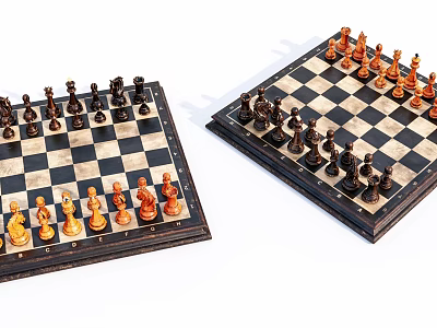 Classic Chess Entertainment With Two Chessboards And Black And Gold Chess Pieces 3d model