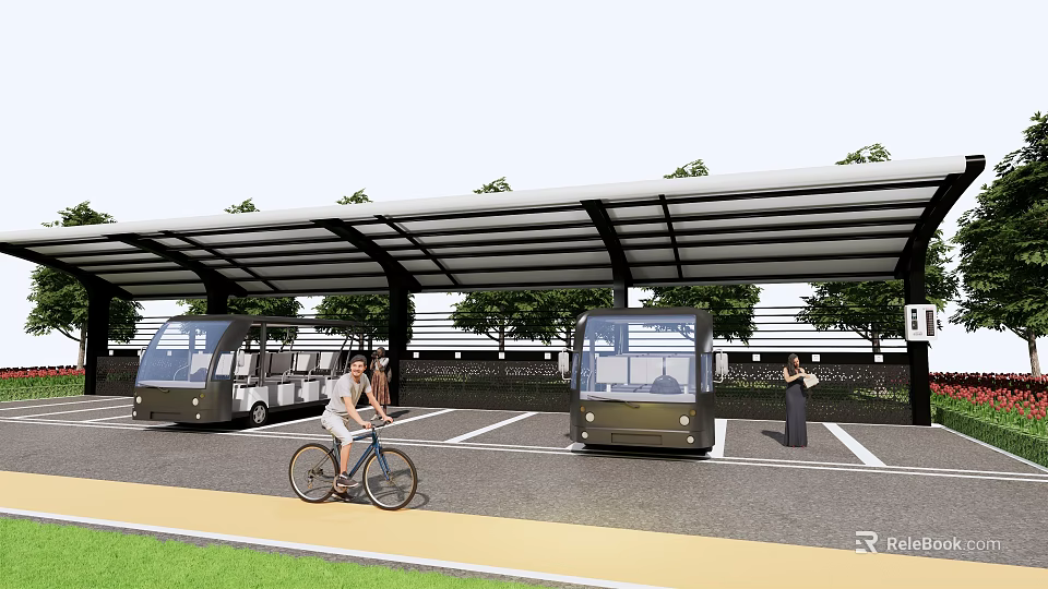 Scenic Park Landscape Featuring Covered Canopy Electric Shuttle Vehicles Cyclists Pedestrians And Lush Trees 3d model 