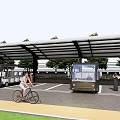 Scenic Park Landscape Featuring Covered Canopy Electric Shuttle Vehicles Cyclists Pedestrians And Lush Trees
