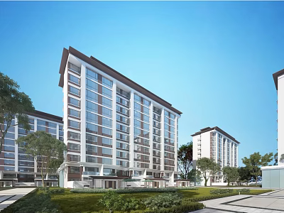 Modern High Rise Residential Building With Lush Greenery Lawn And Clear Blue Sky 3d model