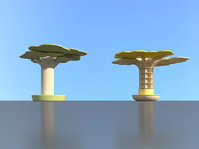 Two Tree Like Pillars With Green And Yellow Tops Against Blue Sky With Reflections 3d model