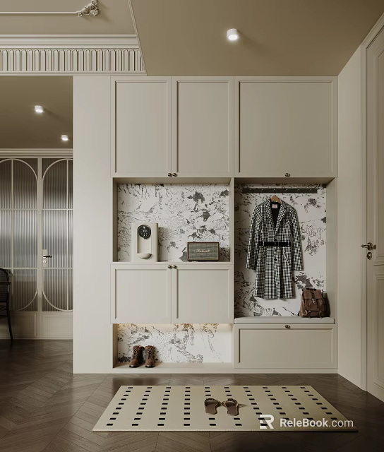 Elegant Entryway With Beige Cabinets Patterned Wallpaper Coats And Boots 3d model