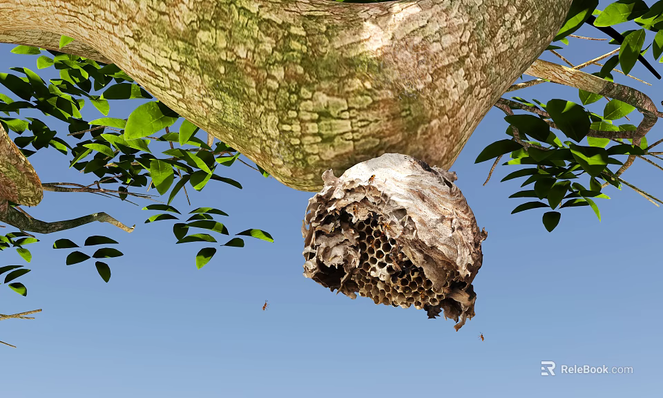 Busy Flying Bees Around Honeycomb Nest On Tree Trunk With Green Leaves And Blue Sky 3d model 