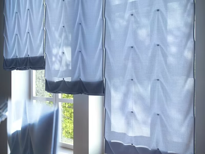 Elegant Pleated Roman Shades In Light Blue Linen For Bright Room Decoration 3d model