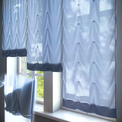 Elegant Pleated Roman Shades In Light Blue Linen For Bright Room Decoration 3d model