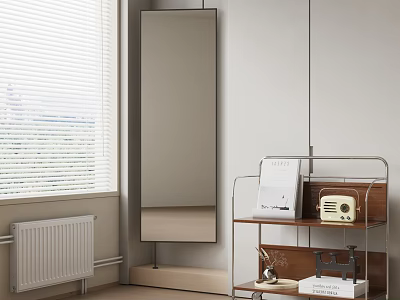 Modern Shelving Unit with Radio Books and Mirror in Minimalist Room Near Window with Blinds 3d model