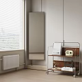 Modern Shelving Unit with Radio Books and Mirror in Minimalist Room Near Window with Blinds
