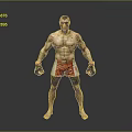 Muscular Shirtless Man With Tattoos In Black Boxing Gloves Red White Shorts Against Gray Background