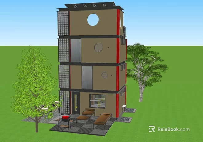 Single Family House Modern Design With Circular Windows Green Lawn Outdoor Seating And Grill Area 3d model 