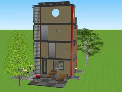 Single Family House Modern Design With Circular Windows Green Lawn Outdoor Seating And Grill Area 3d model